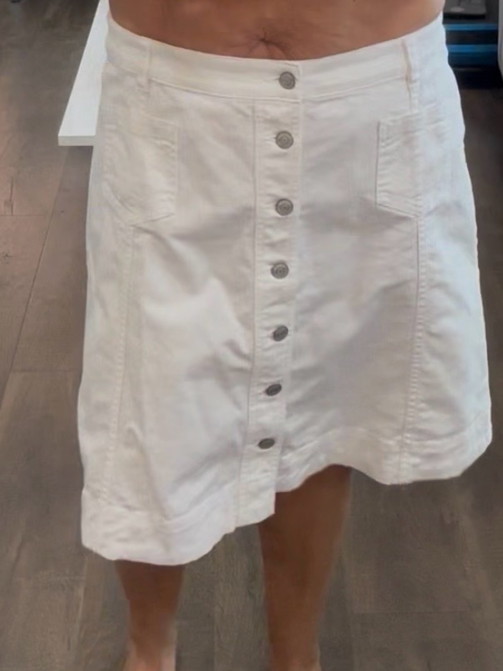Chaps White Denim Button Front A-Line Skirt Size 14 Stretch Cotton
